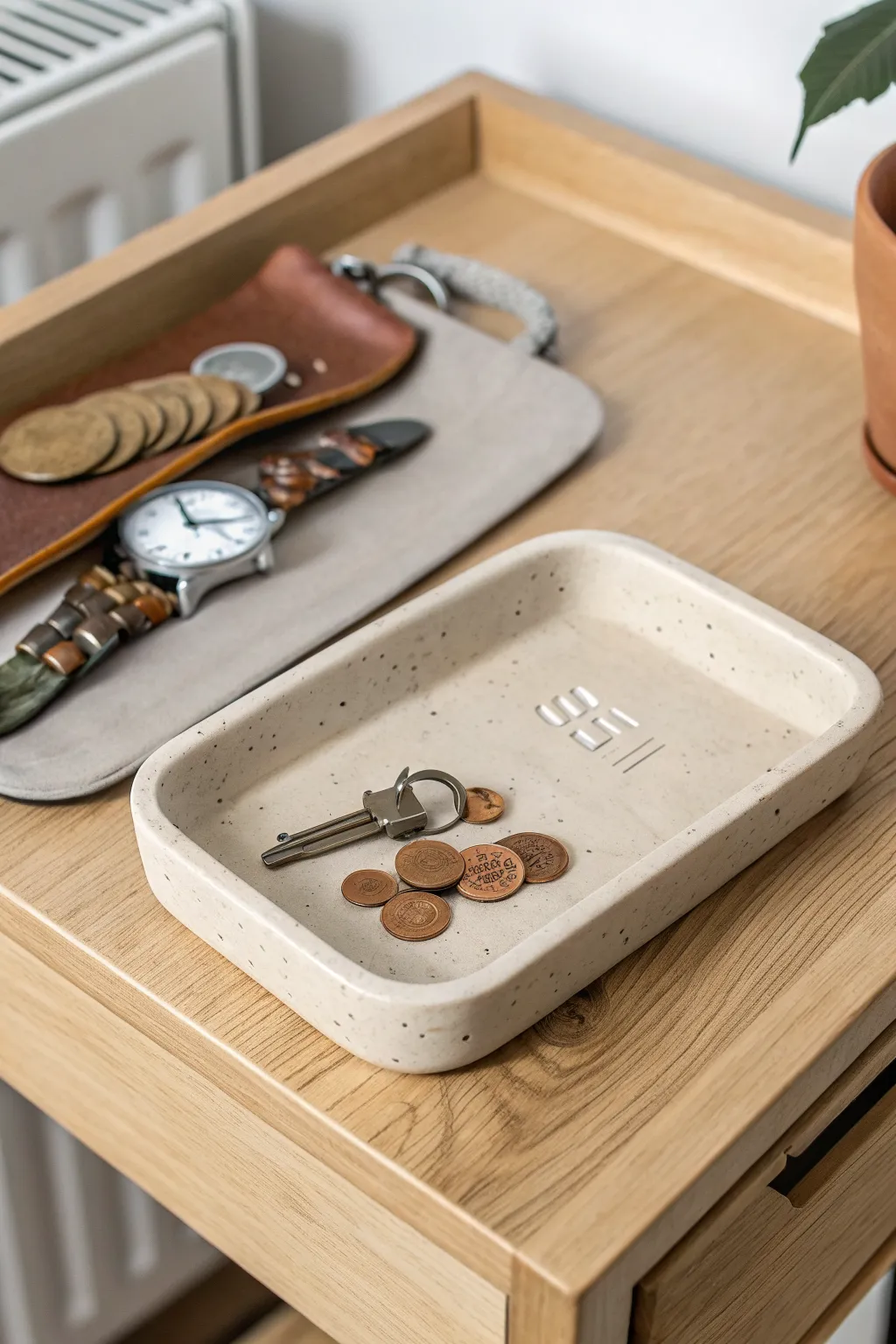 Simple air-dry clay catch-all tray with a subtle monogram, perfect nightstand gift for him.