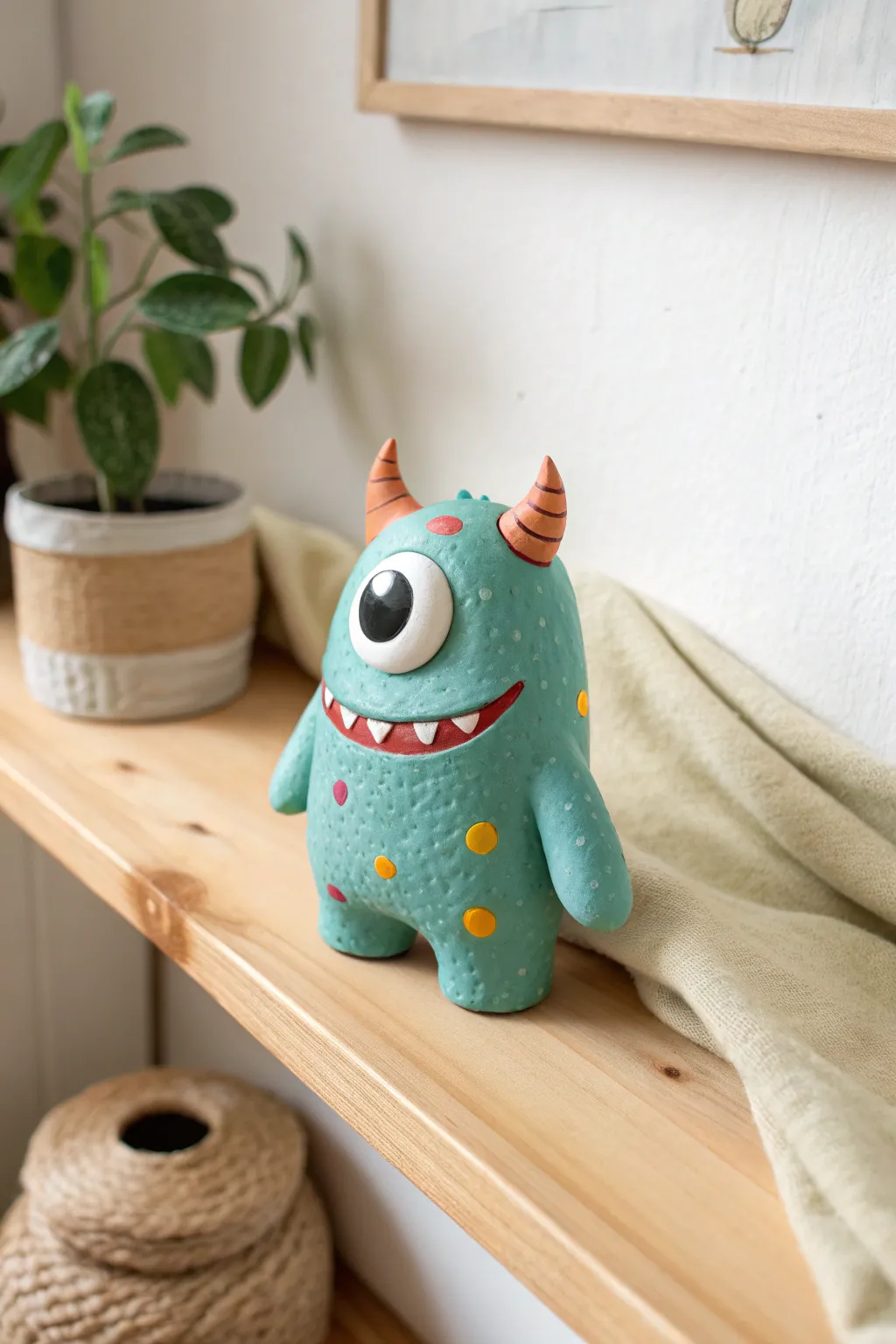 One-eyed air-dry clay monster with tiny horns and a big grin, perfect for playful boys.