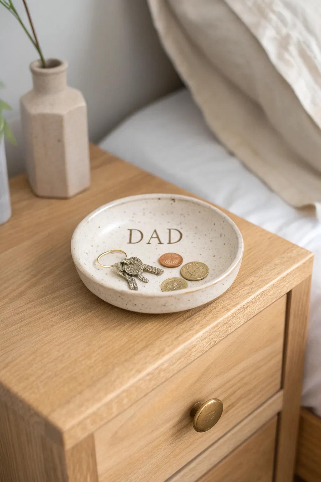 Minimal air-dry clay trinket dish for Dad, personalized and styled with keys and coins.