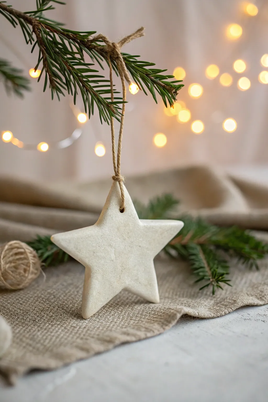 Simple air-dry clay star ornament with ribbon hanger, glowing softly on a festive branch.