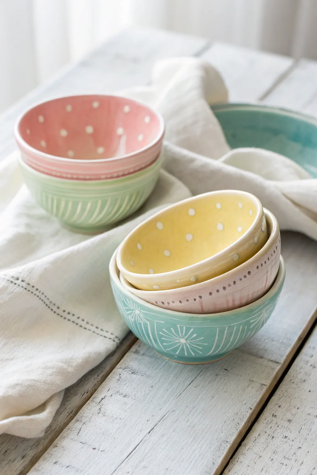 Cheerful pinch pot bowls in pastel tones, neatly nested for an easy kid friendly air dry clay win