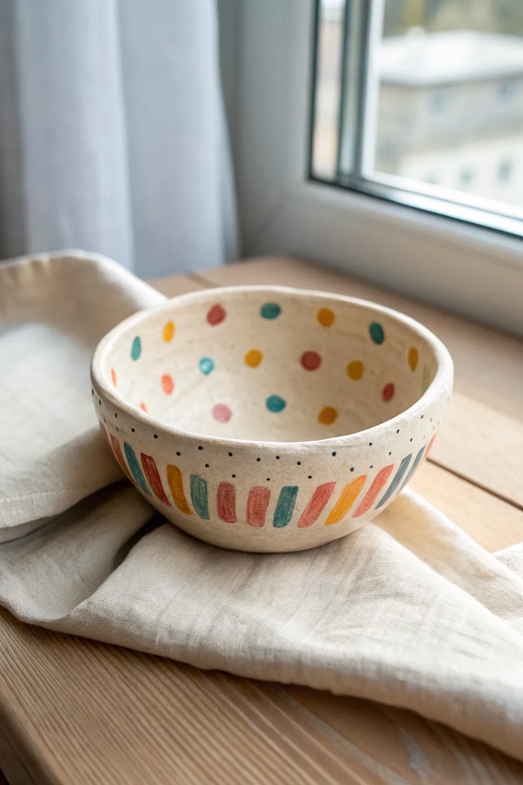 A sweet wobbly pinch-pot treasure bowl, painted with simple dots and stripes for kindergarten fun.
