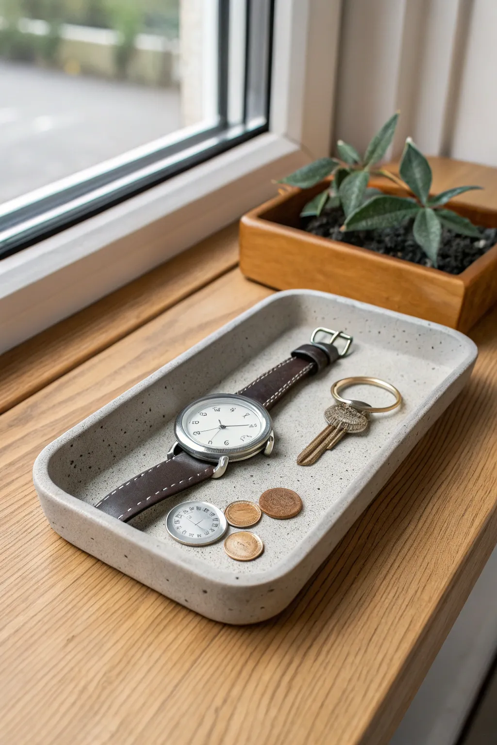 Minimal air dry clay valet tray that keeps keys, watch, and coins neatly in one spot.