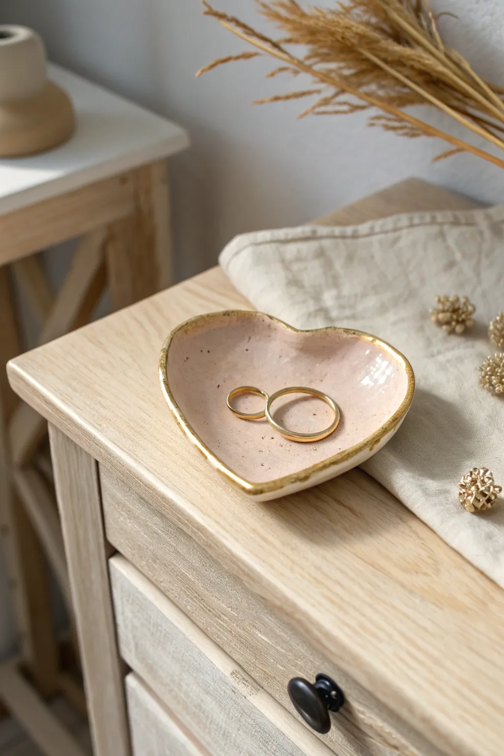 Blush air dry clay heart dish with a gold rim, perfect for Moms rings on her nightstand.