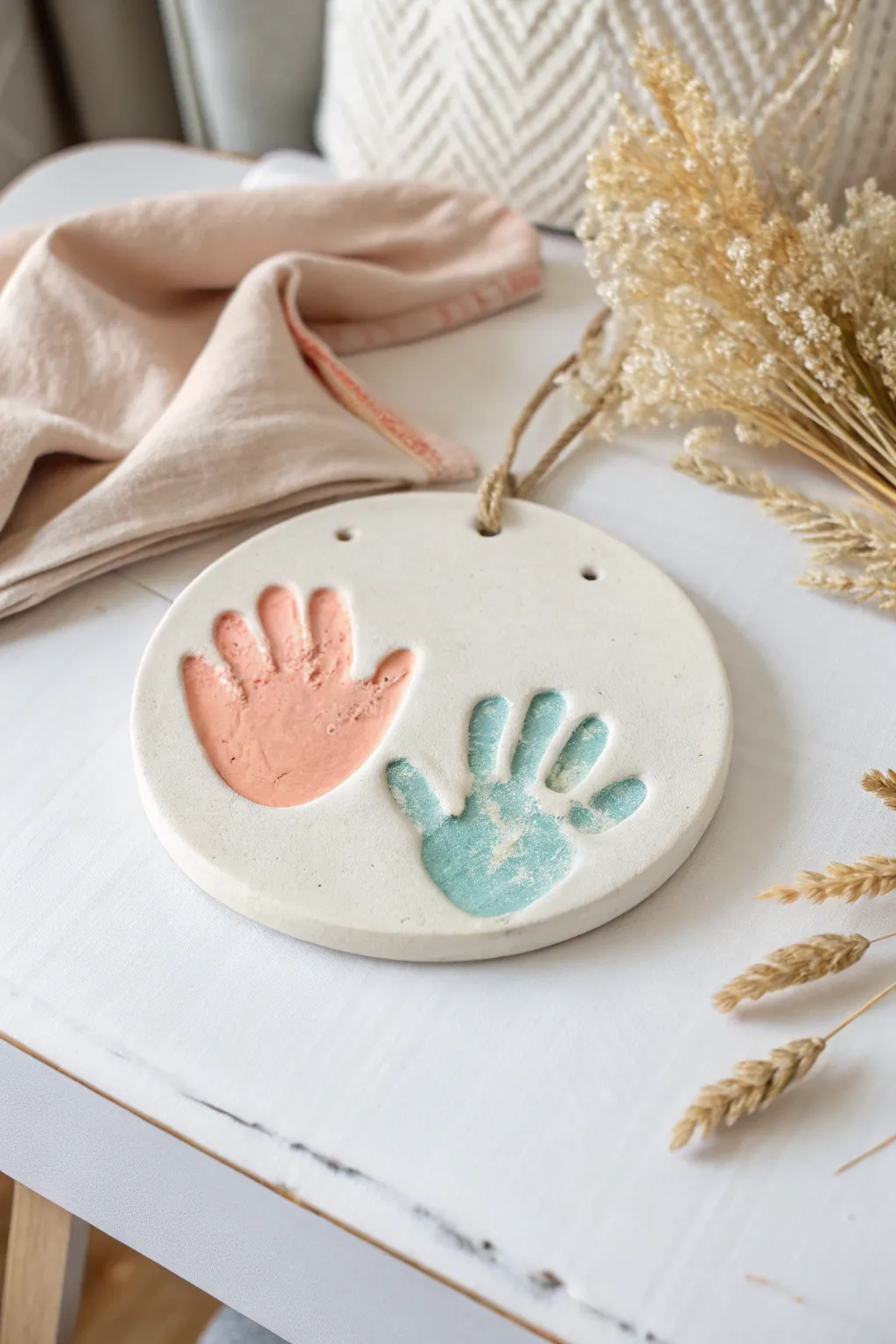 Minimalist toddler handprint plaque in cheerful colors, a sweet air dry clay keepsake.