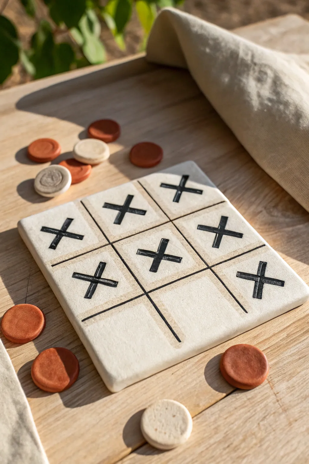 Minimal air dry clay tic tac toe board with sleek cross and circle tokens in neutral tones