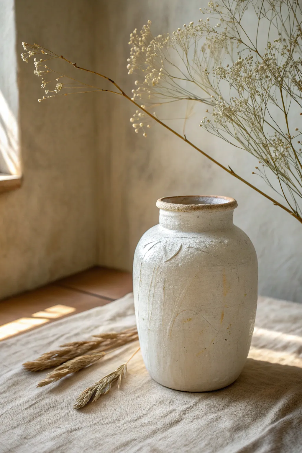 Faux pottery wrapped jar vase in matte off-white for an easy, minimalist air dry clay idea.