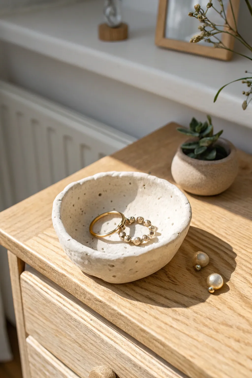 Classic pinch pot jewelry dish in matte clay, perfect for rings and tiny earrings on your dresser