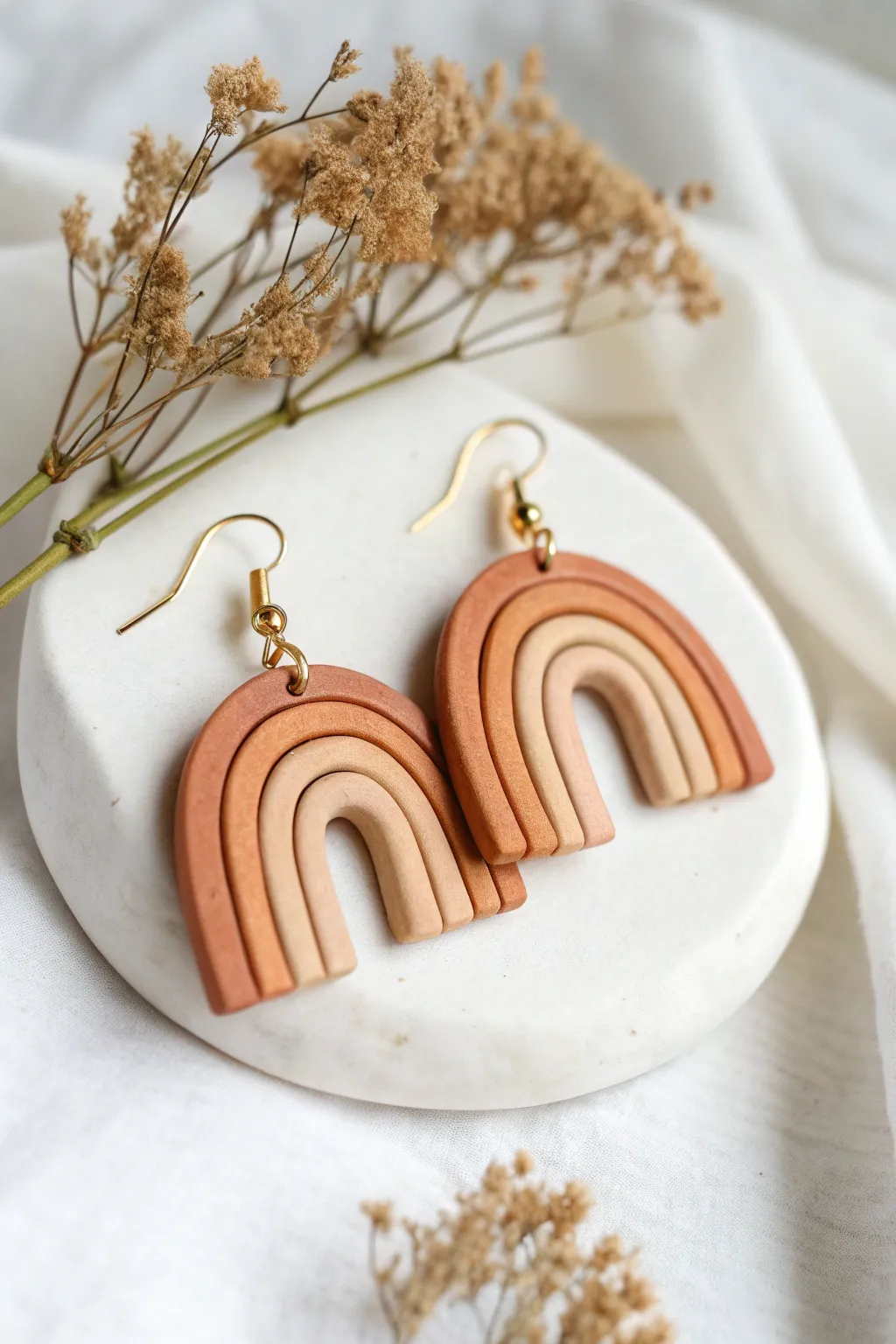 Minimal arch dangle earrings in warm neutrals, a simple air dry clay statement piece