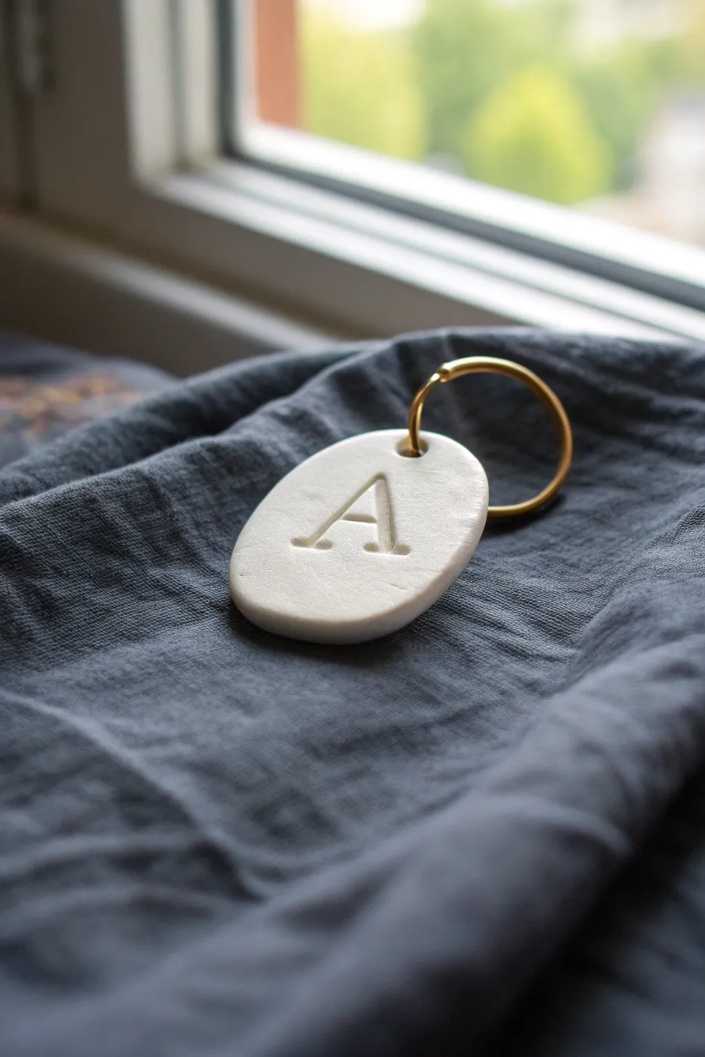 Simple stamped initial clay keychain tag with a matte finish and warm brass ring, minimalist boho
