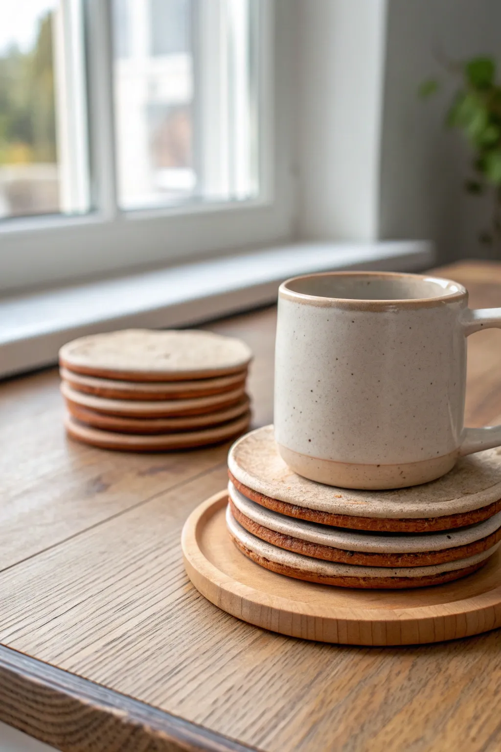 Stamped air dry clay coasters stacked neatly, ready for coffee and everyday kitchen calm.