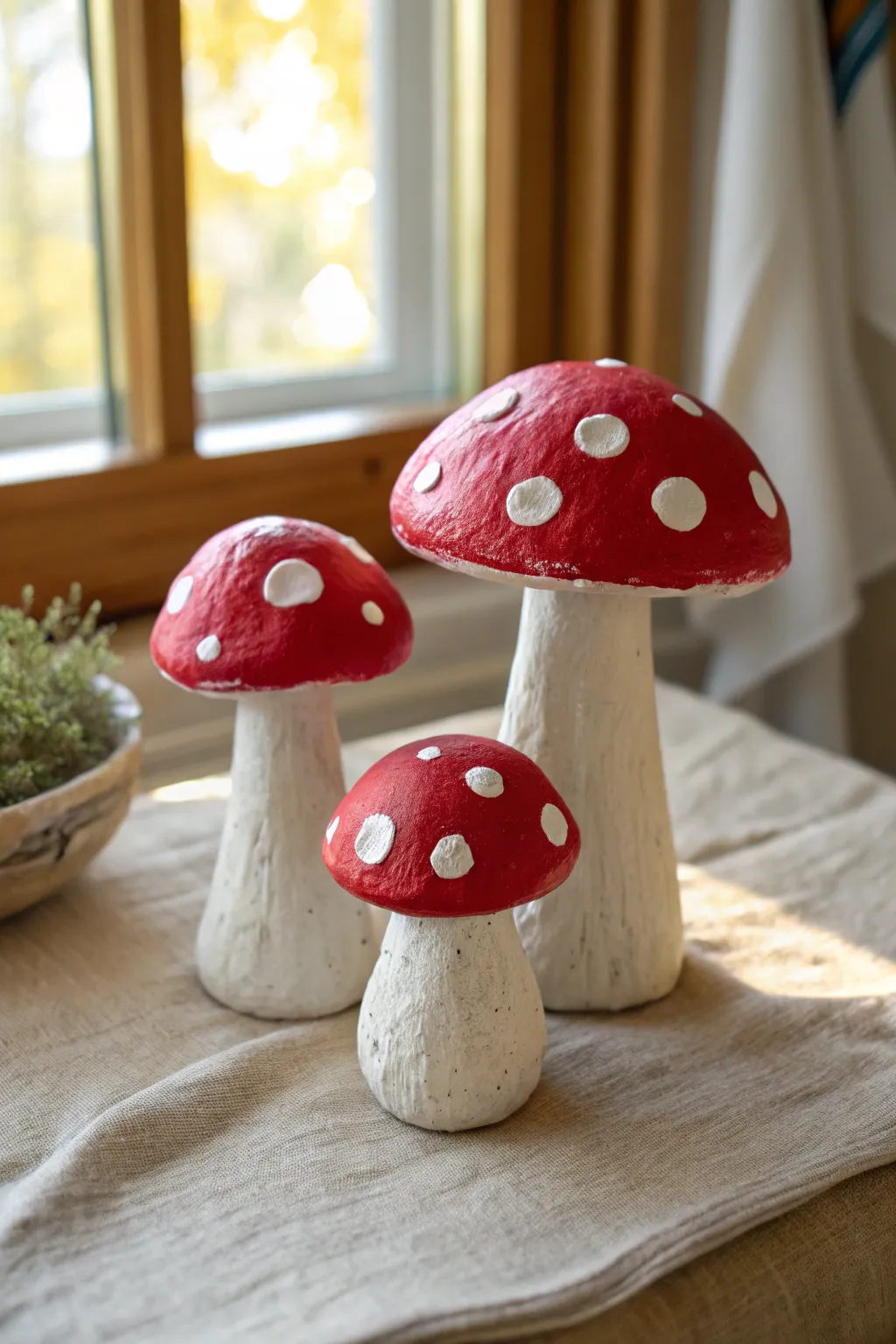 Classic red-and-white air dry clay toadstools with a charming handmade, storybook look