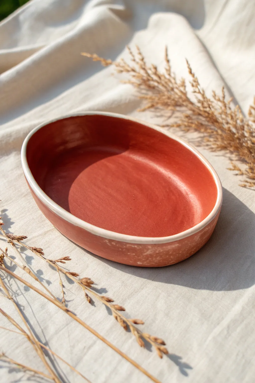 Classic solid-color air dry clay trinket dish with a smooth rim and softly sealed sheen