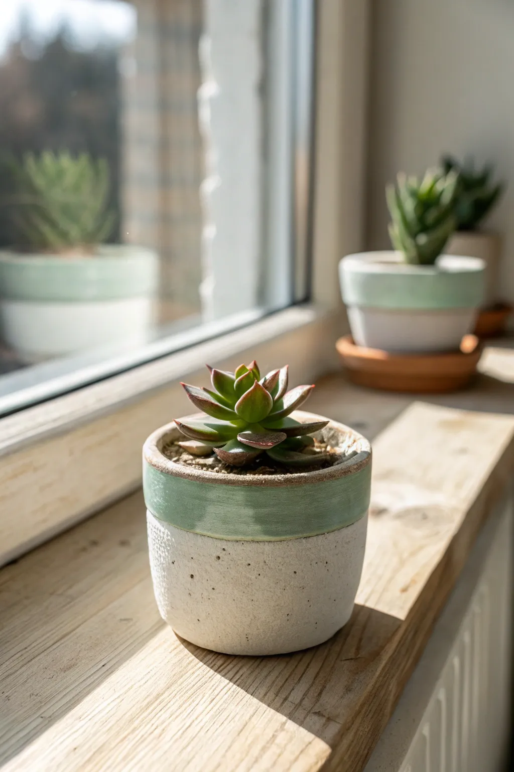 Mini pinch-pot succulent planter trio in soft neutrals for a sunny, minimalist shelf