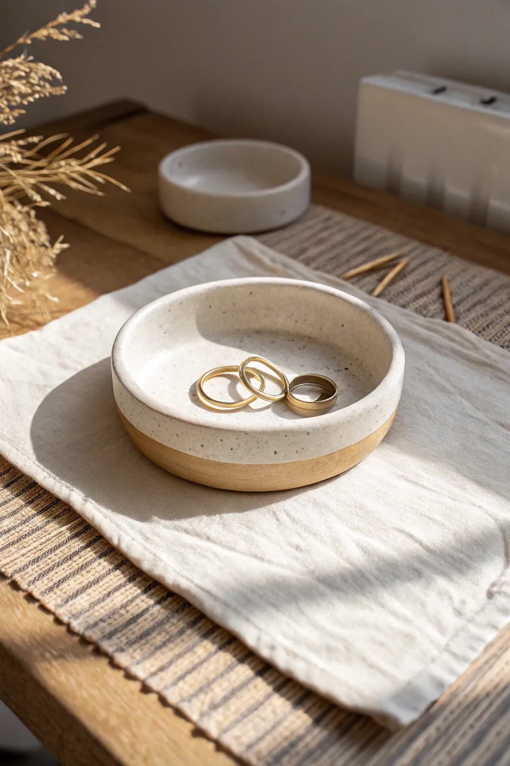 Minimal air dry clay trinket dish with soft rim, perfect for rings and hair pins on your nightstand