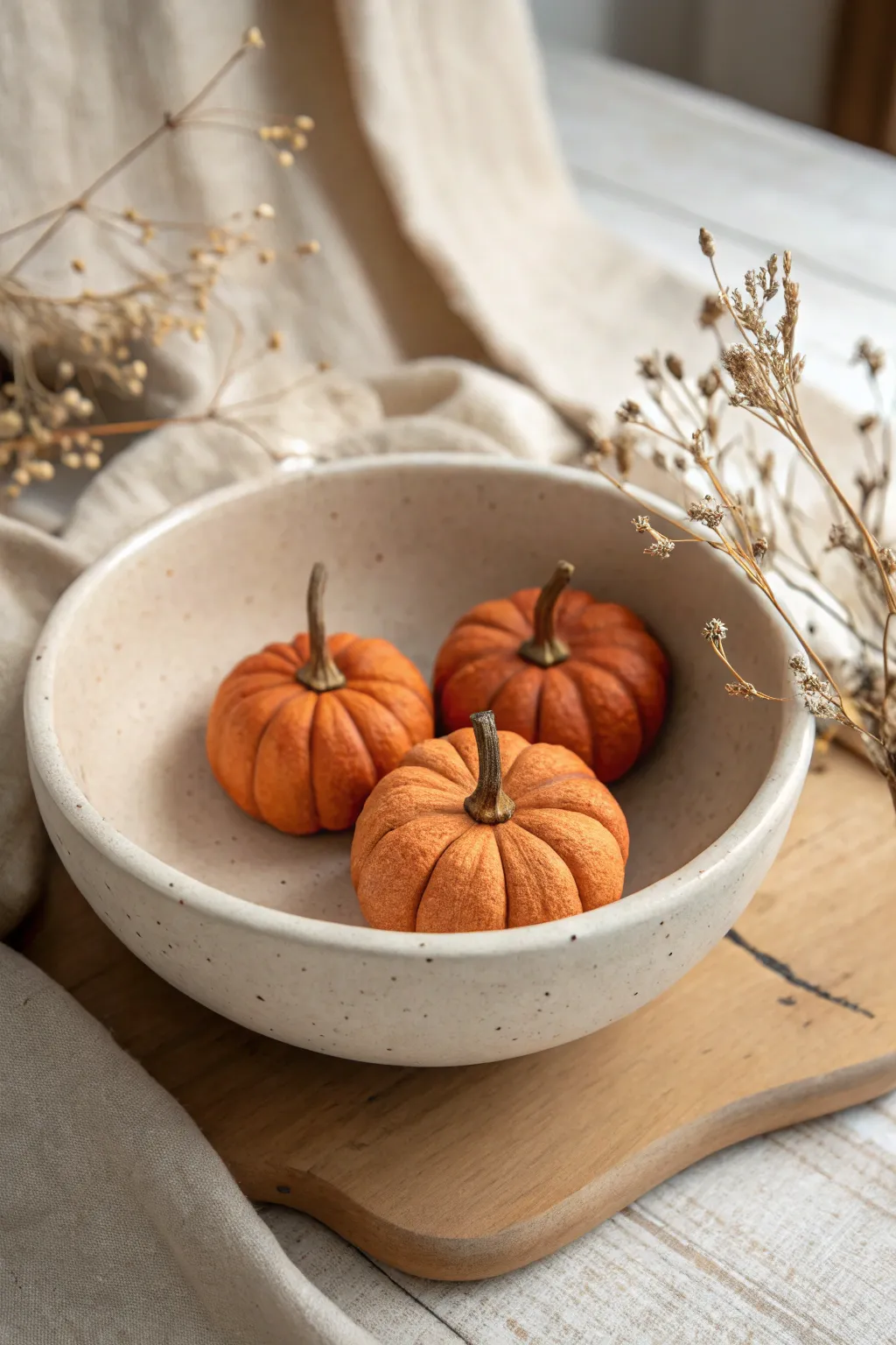 Classic mini ribbed clay pumpkins in a simple bowl for cozy, minimalist fall styling.