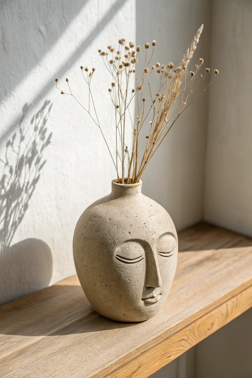 Minimalist face vase in matte neutrals, styled with dried stems for a calm sculptural shelf moment.