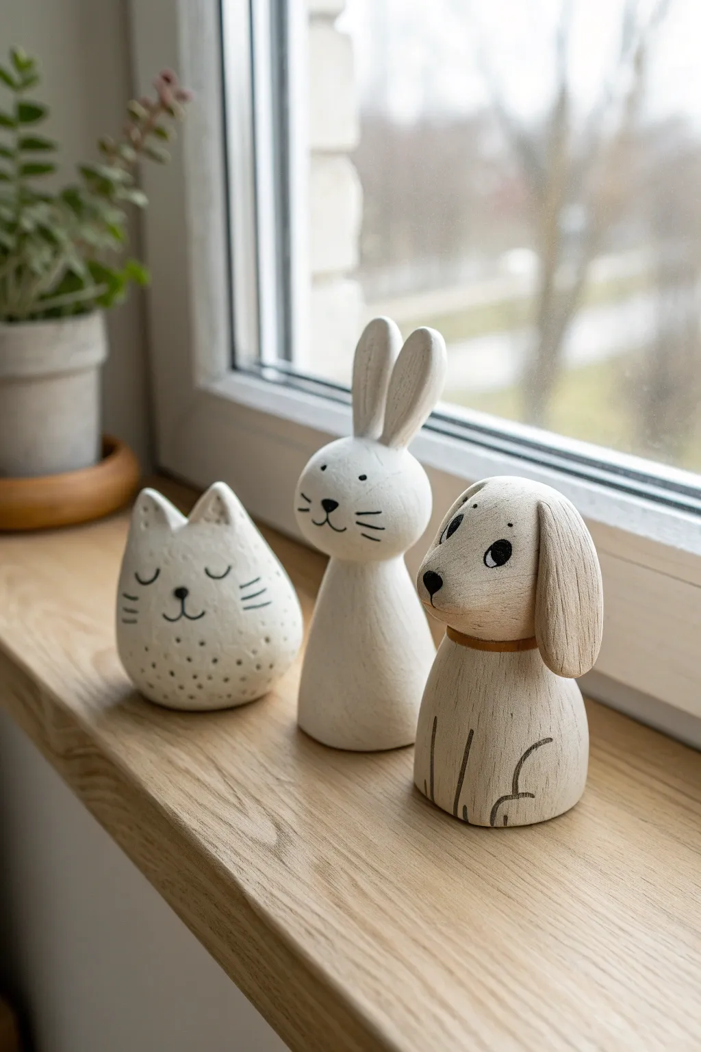 Simple air dry clay cat, bunny, and dog figurines styled on a neutral shelf in soft daylight.