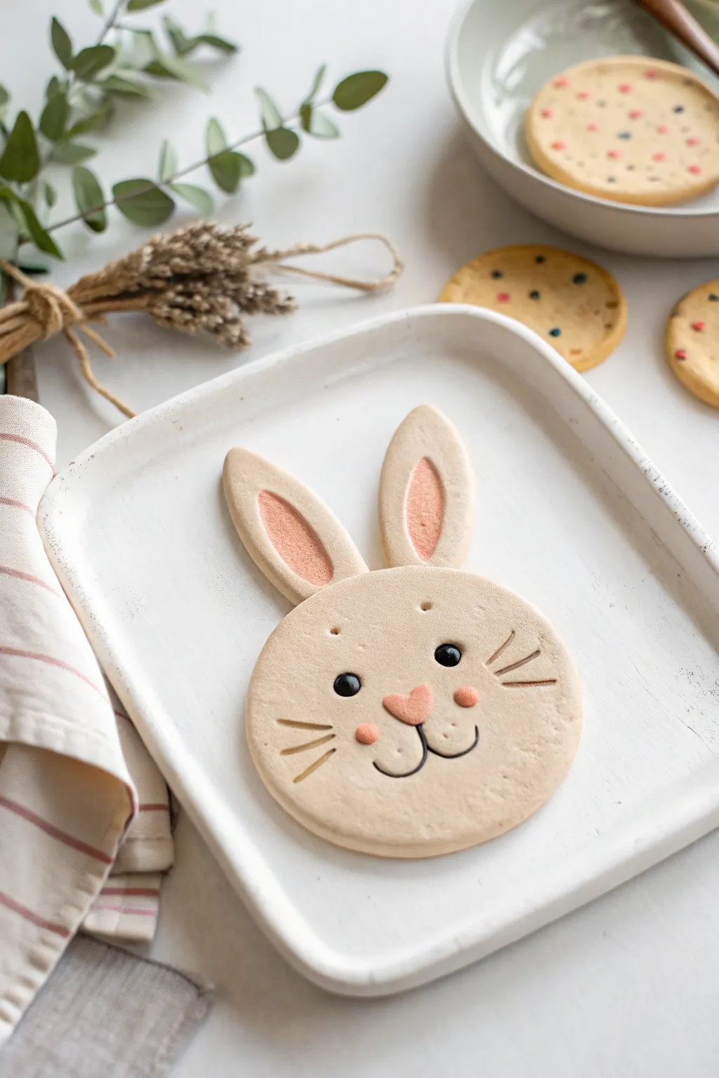 Sweet air-dry clay bunny face plaque, simple enough for kids and cute for modern decor
