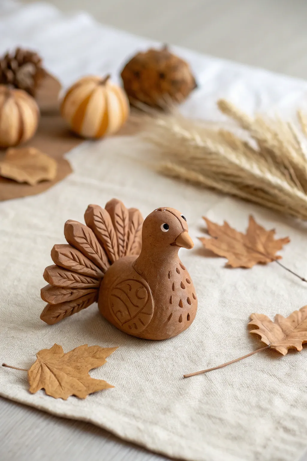 Classic air dry clay turkey figurine in warm browns, simple feather fan, minimal cozy Thanksgiving vibe.