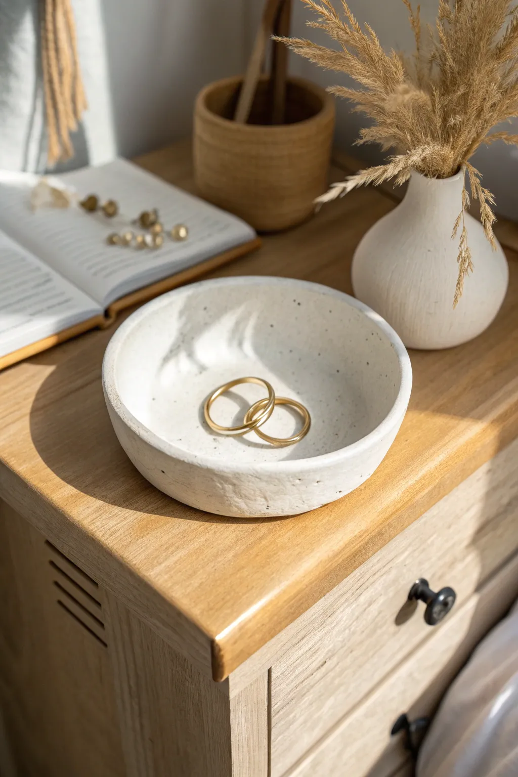 Classic round white air dry clay trinket dish with gold rings on a light oak nightstand