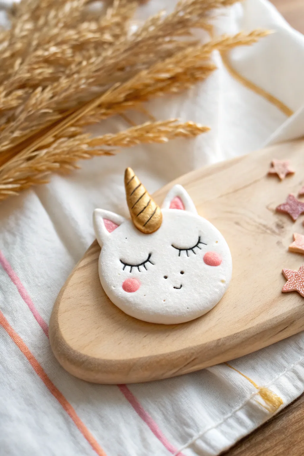 Classic sleepy unicorn face magnet in air dry clay, minimalist neutral styling with a gold horn