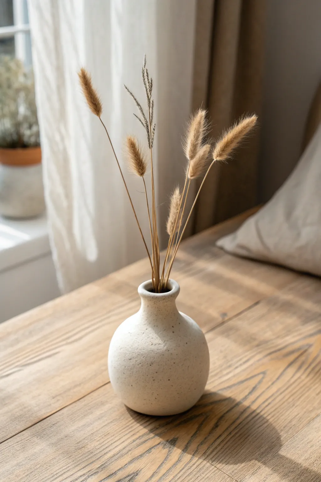 Classic pinch pot air dry clay bud vase on light wood, styled with soft dried stems, calm light.