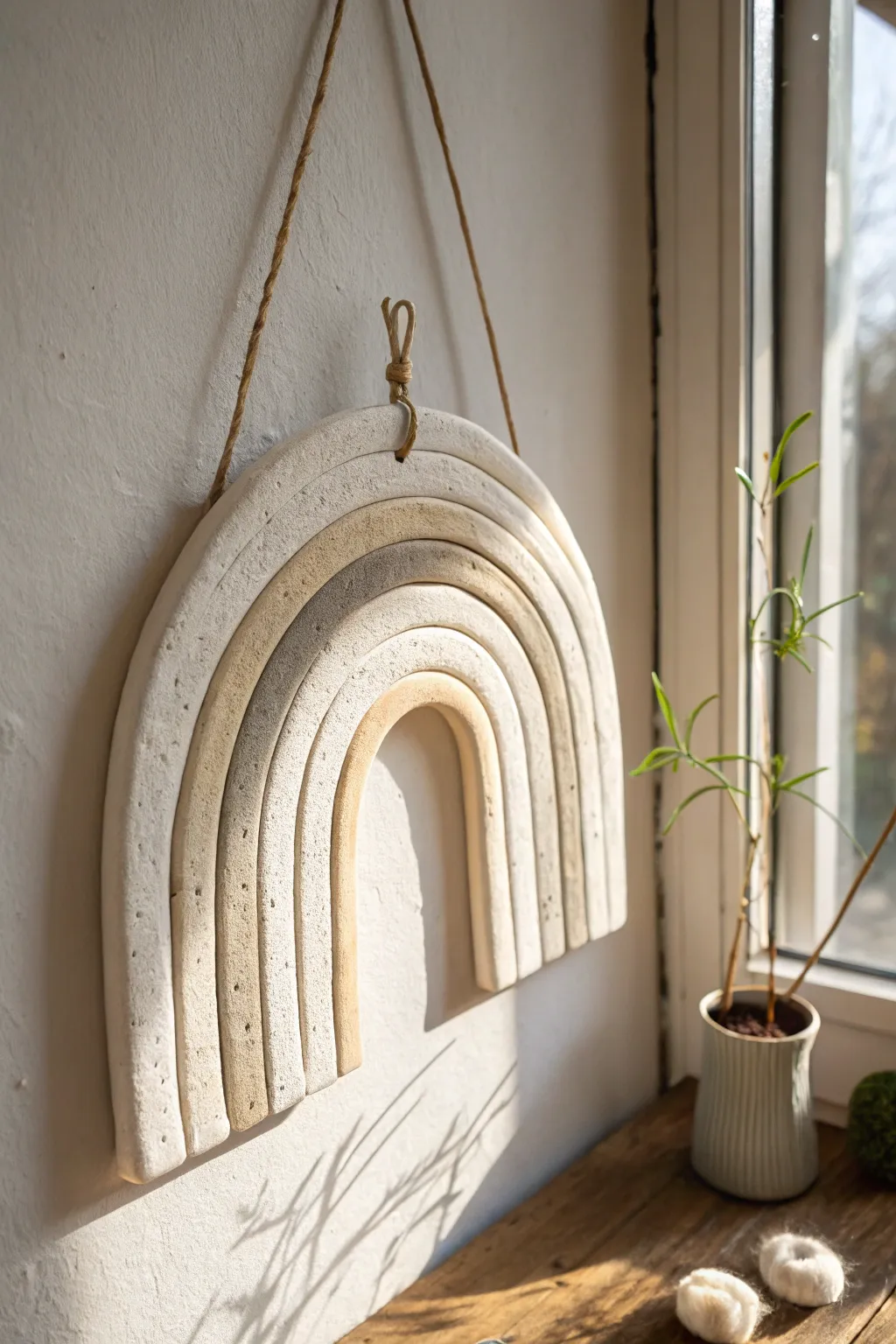 Minimalist air dry clay arch hanging in soft neutrals, perfect for calm boho walls.