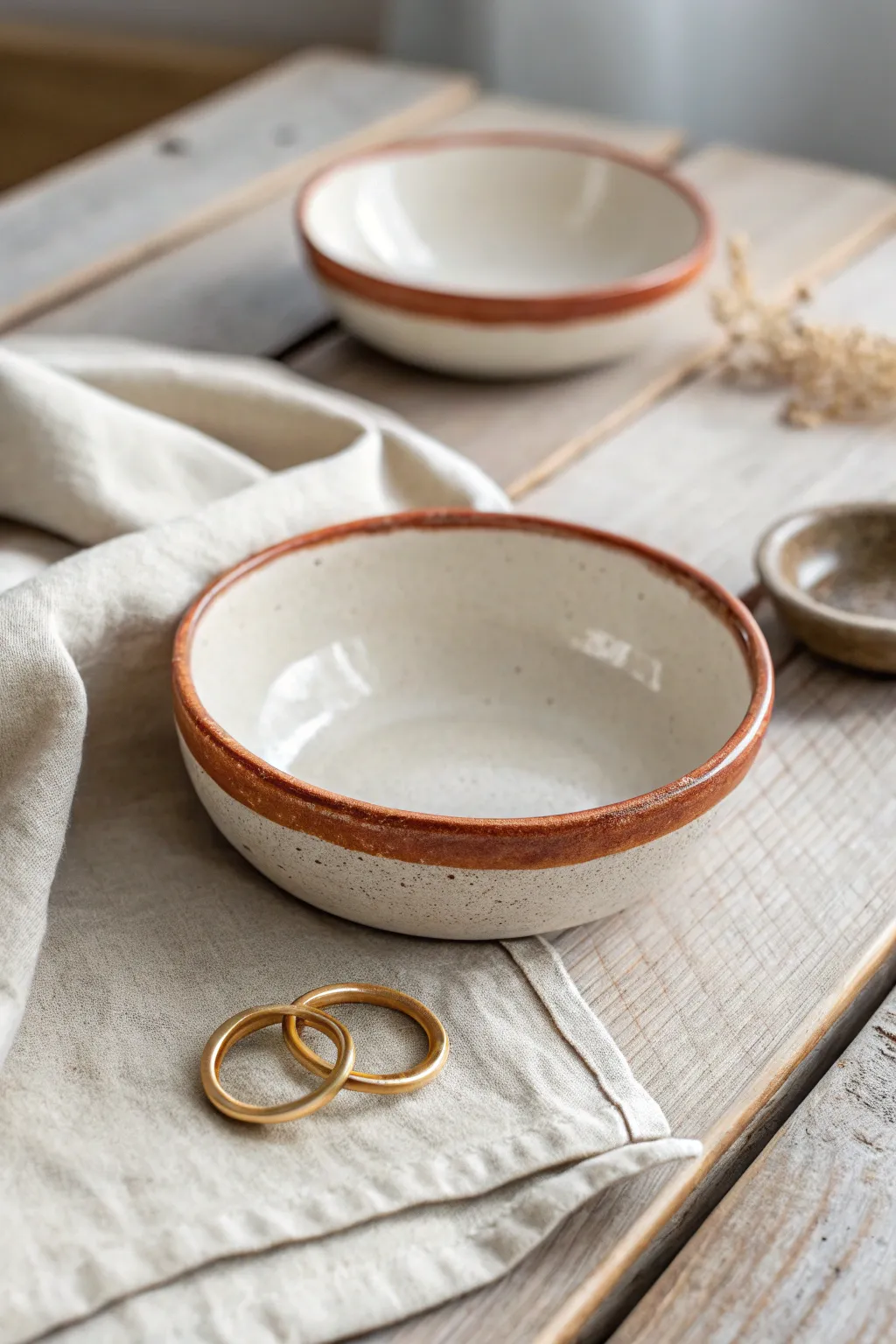 Minimal air dry clay trinket dish with painted rim, a calm landing spot for rings.