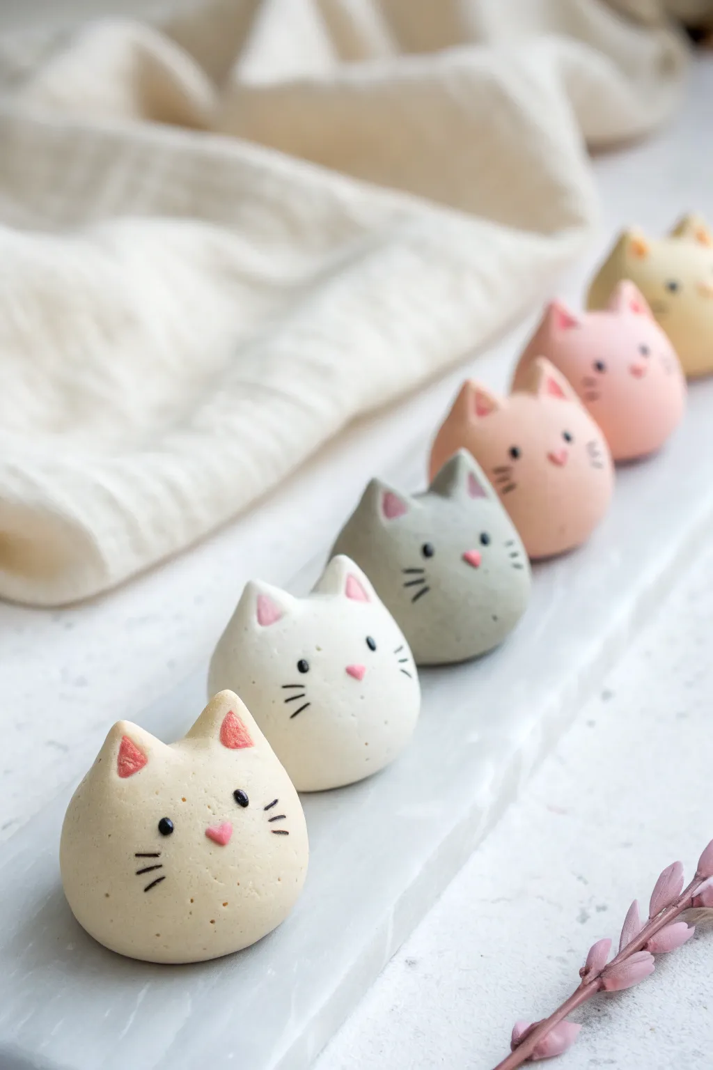 Tiny kawaii clay cat heads with rosy cheeks, styled in Nordic minimalism on a pastel backdrop