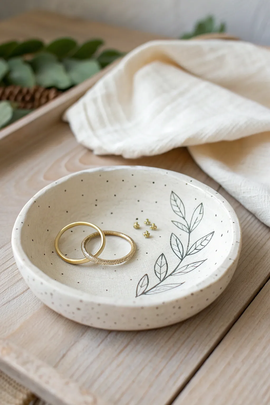 Classic air dry clay trinket dish with stamped texture, perfect for rings and earrings