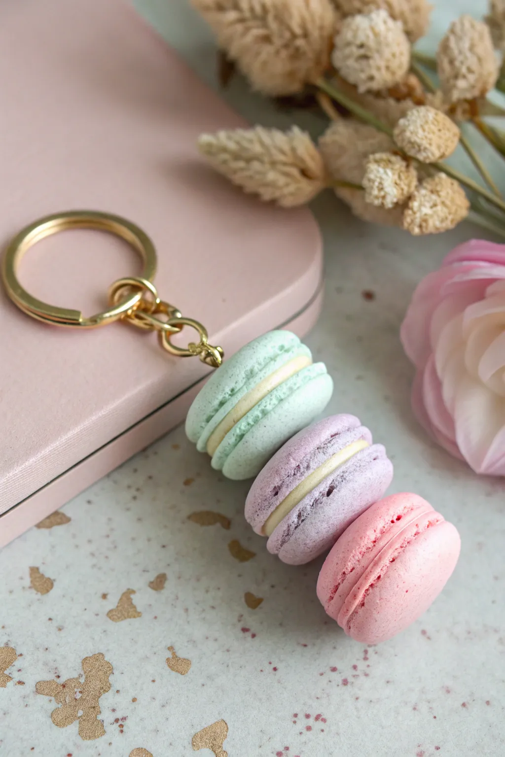 Pastel foam clay mini macaron charms on a sleek keyring for cute, minimalist DIY accessorizing