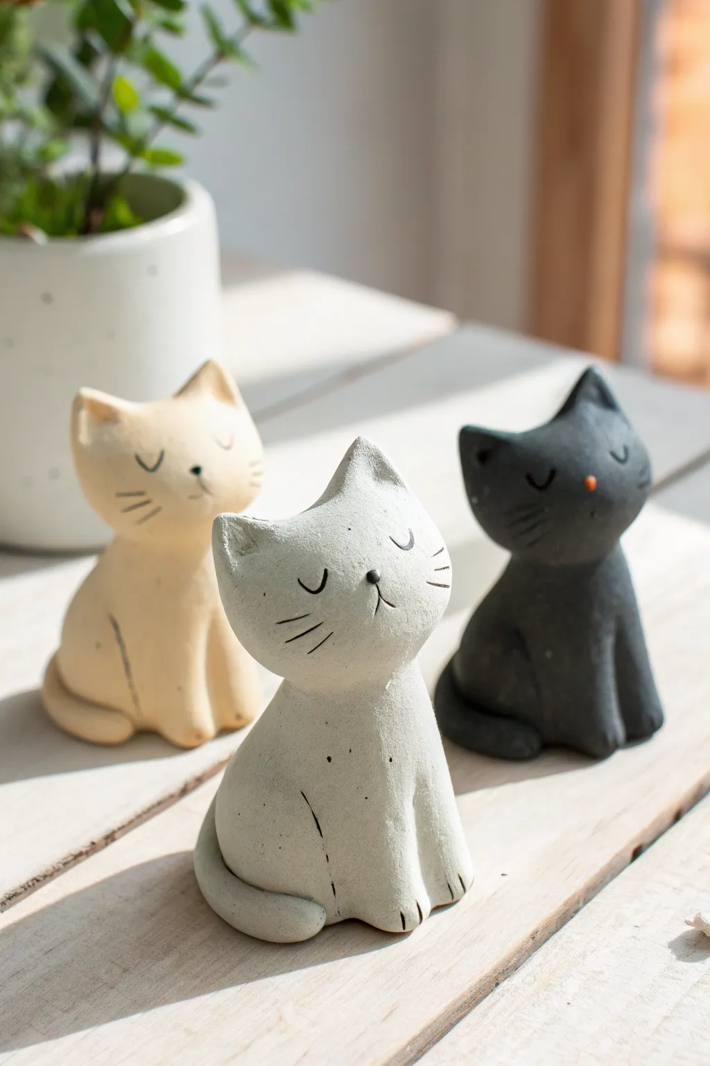 Classic cute clay cat figurines in cream, gray, and black with a clean minimalist look