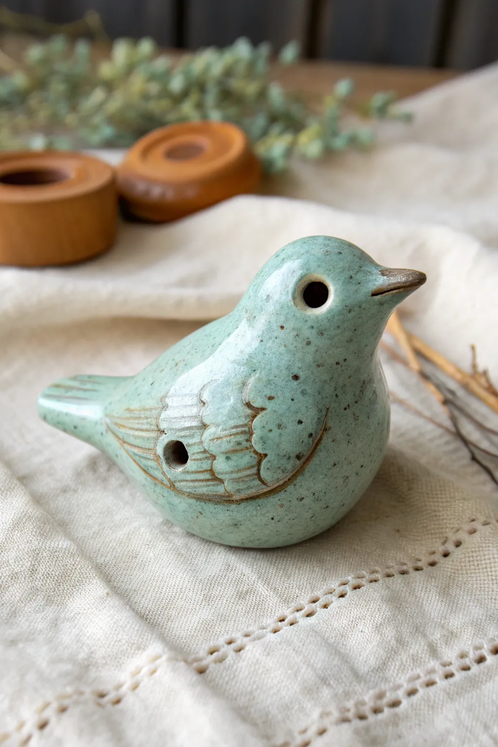 Chubby pastel bird whistle pinch pot with a hidden tail mouthpiece and soft Scandinavian styling