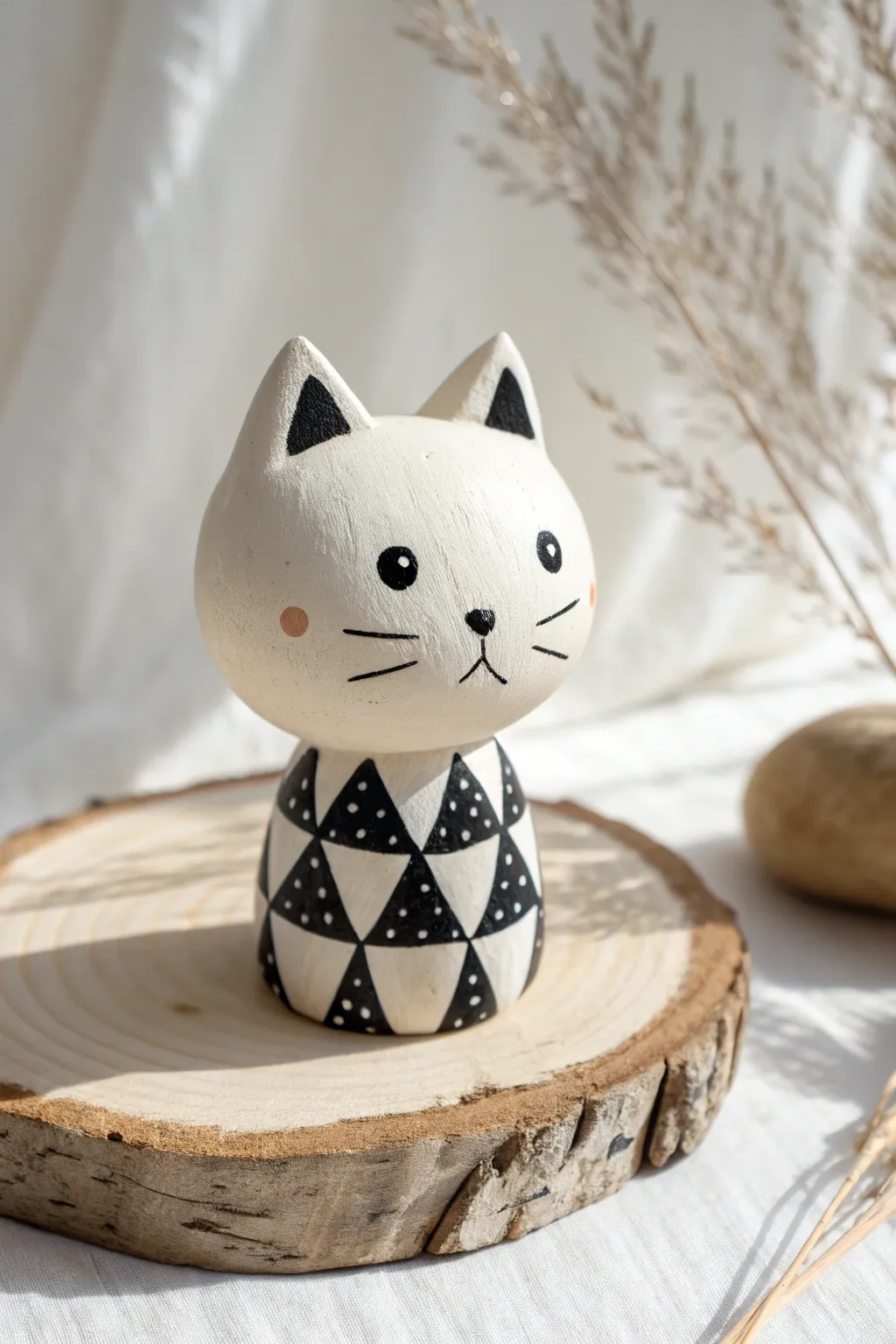 Chubby chibi clay cat with dot eyes, plus a softly blurred second colorway for inspiration