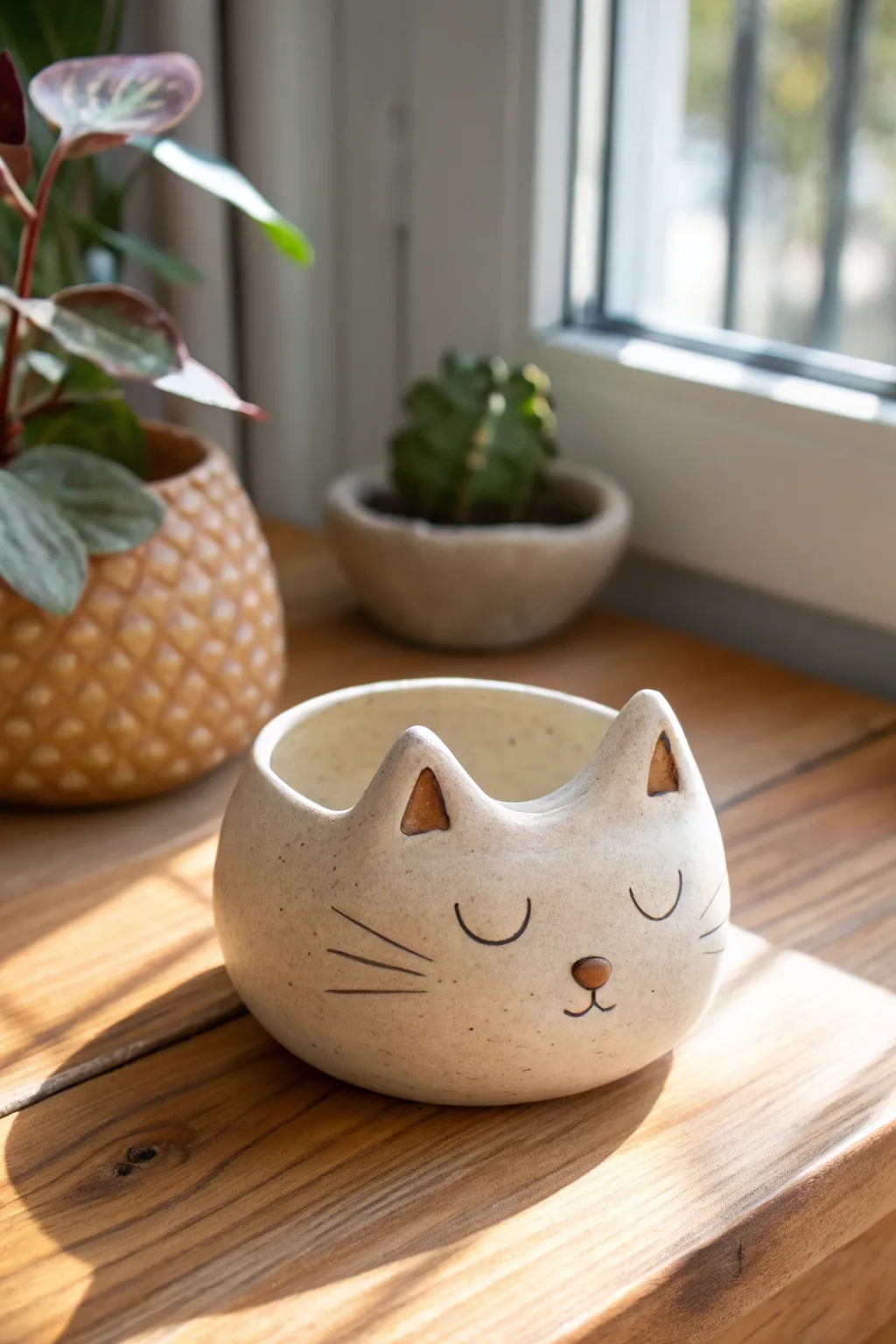 Classic kitty pinch pot in a soft neutral glaze, minimal and cozy on warm wood.