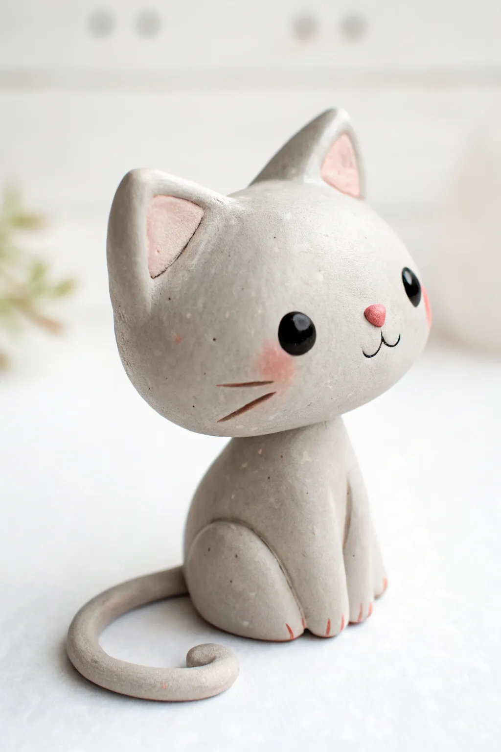 Adorable chibi clay cat with simple dot eyes, minimalist and cozy in soft neutral tones.