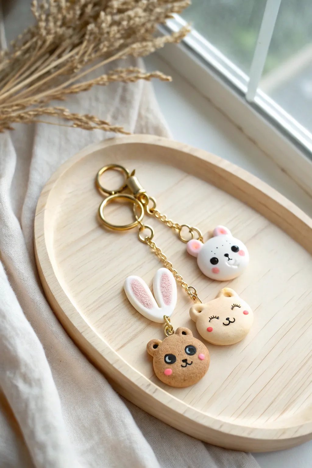 Cute chibi animal clay keychain charms in soft pastels, minimalist and handmade feel