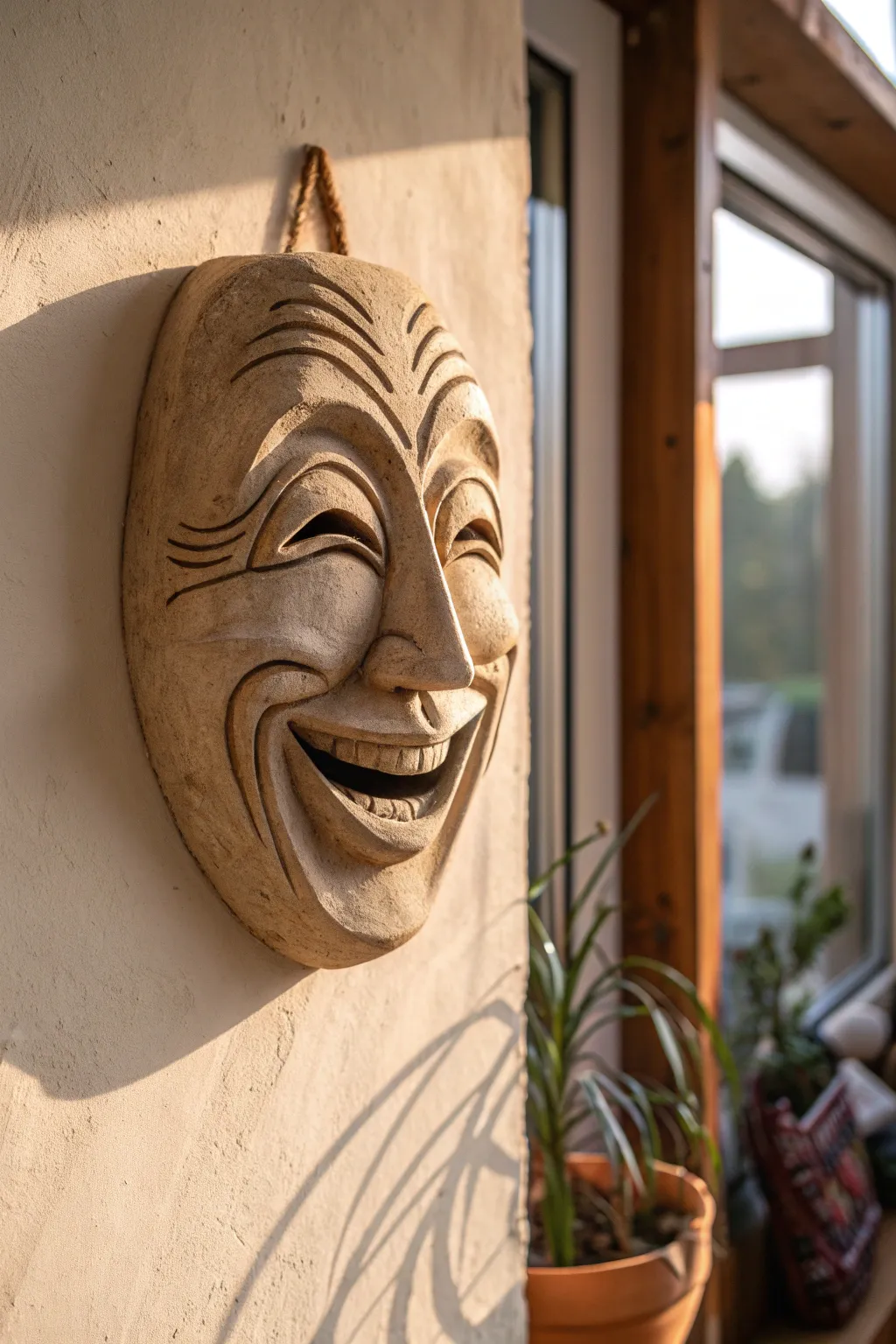 Expressive handmade clay mask with bold features, softly lit for minimalist boho decor.