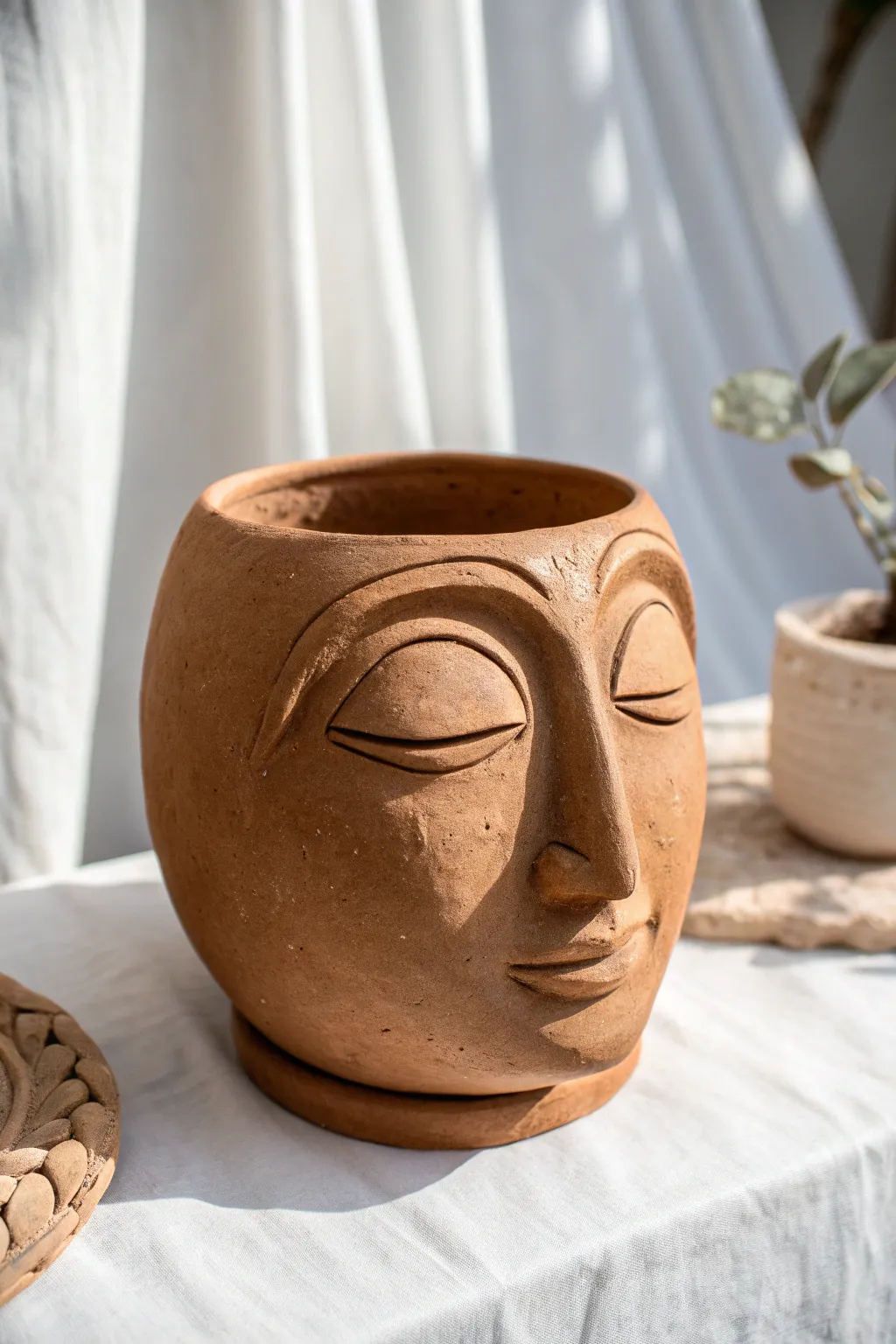Expressive pinch-pot face sculpture with bold features, matte terracotta, and minimalist calm