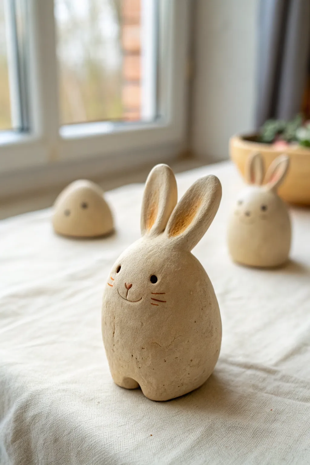Beginner pinch-pot mini animals in cozy Scandinavian style, simple shapes and sweet dot eyes.