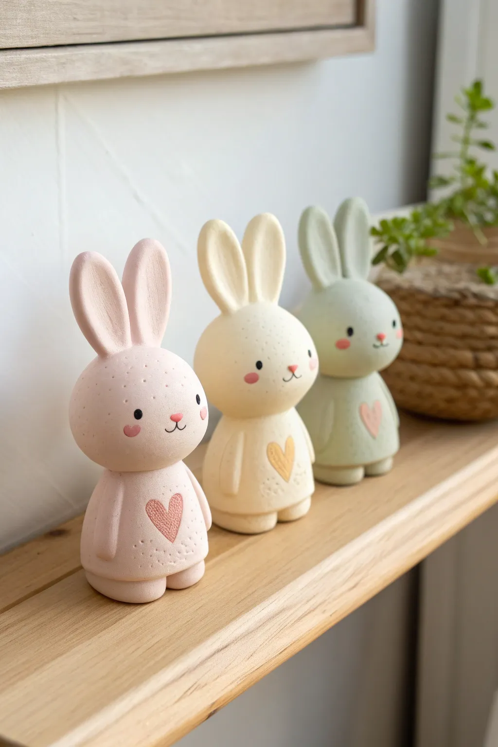 Pastel chibi bunny minis with blush cheeks, a tiny heart detail, and cozy Scandinavian charm.