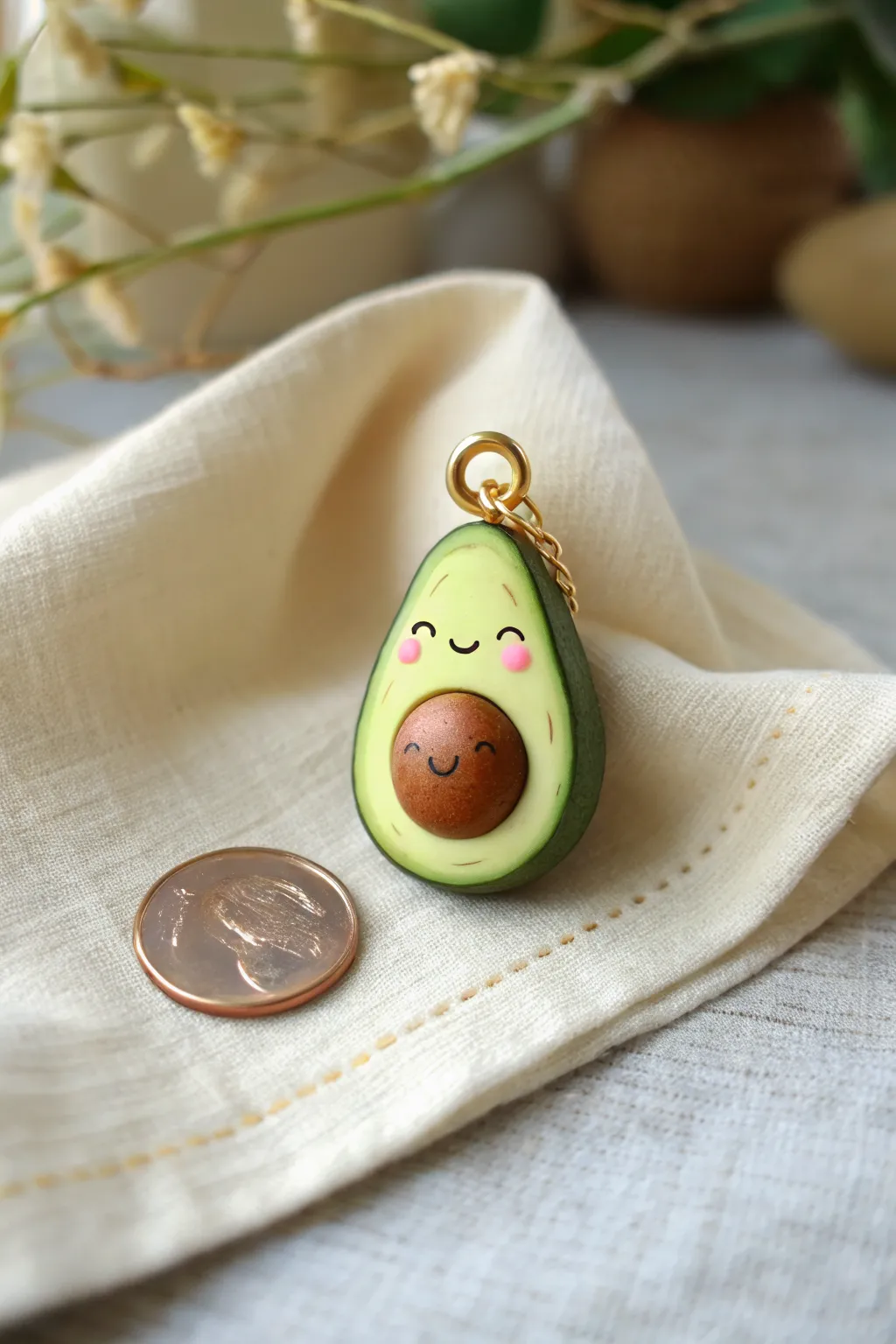 Classic smiley avocado clay charm with blushing cheeks and pit belly, styled minimalist next to a coin.
