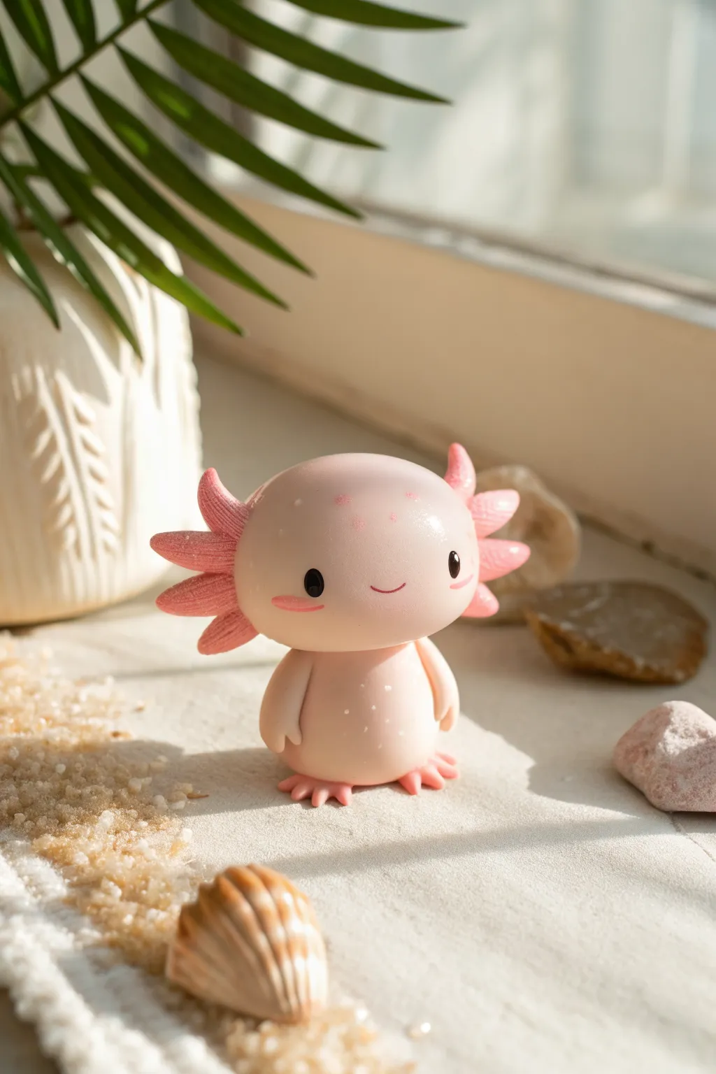 Classic kawaii axolotl mini figurine in soft pastel clay, minimalist Scandinavian style