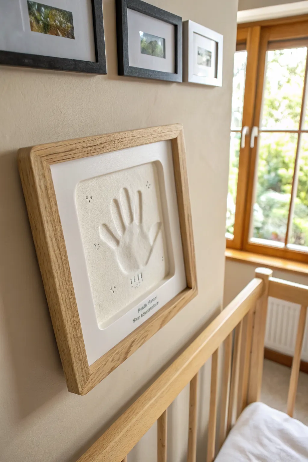 Minimal framed clay handprint plaque in light oak, a timeless nursery keepsake with soft contrast