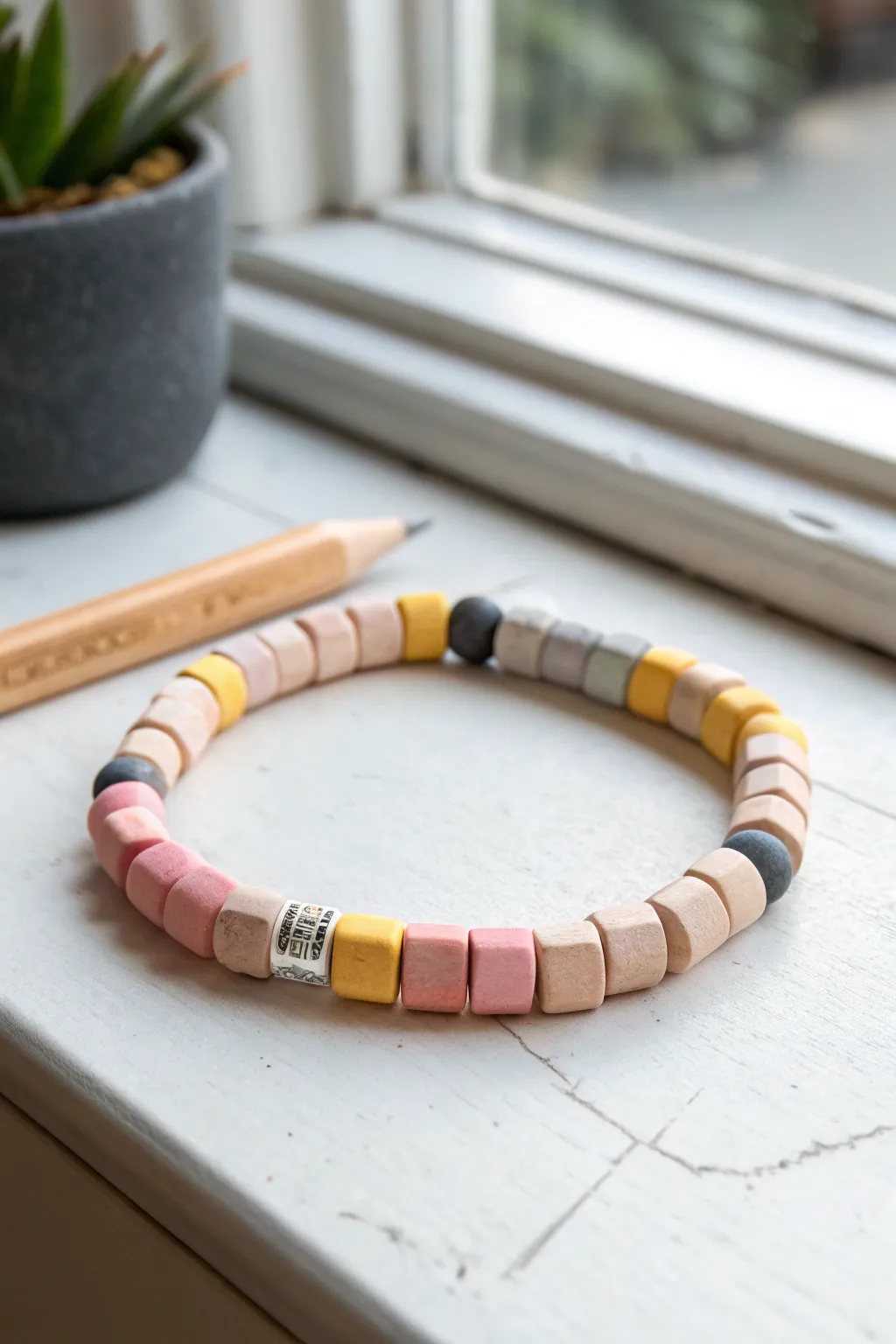 Classic pencil-pattern clay bead bracelet on lined paper, a cute back-to-school accessory.