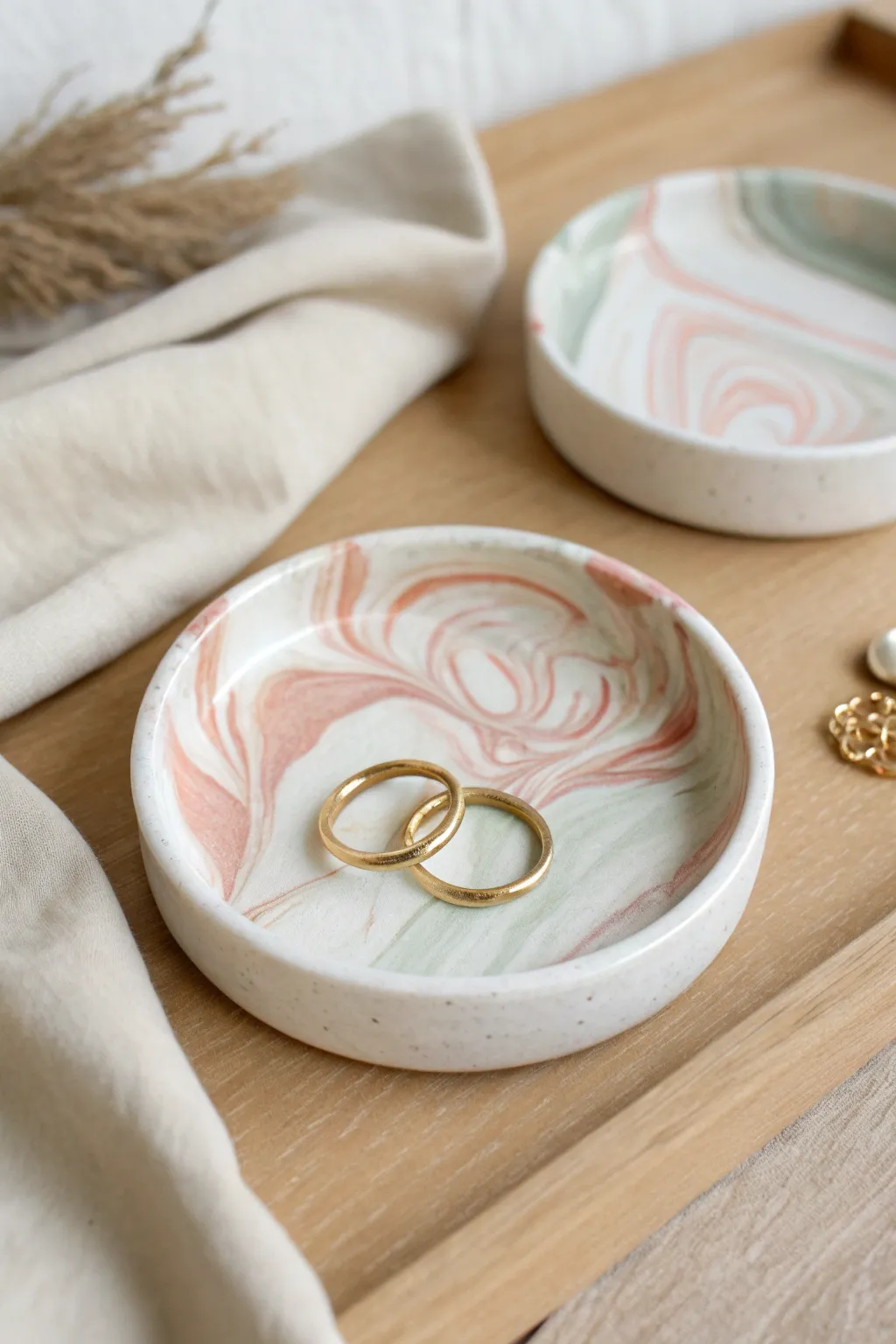 DIY marbled ring dish in bakeable clay, glossy and minimal, perfect for your bedside jewelry.