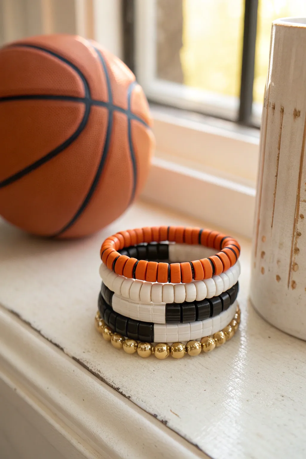 Classic orange, black, and white heishi bracelet stack with clean color-blocking and sporty polish.