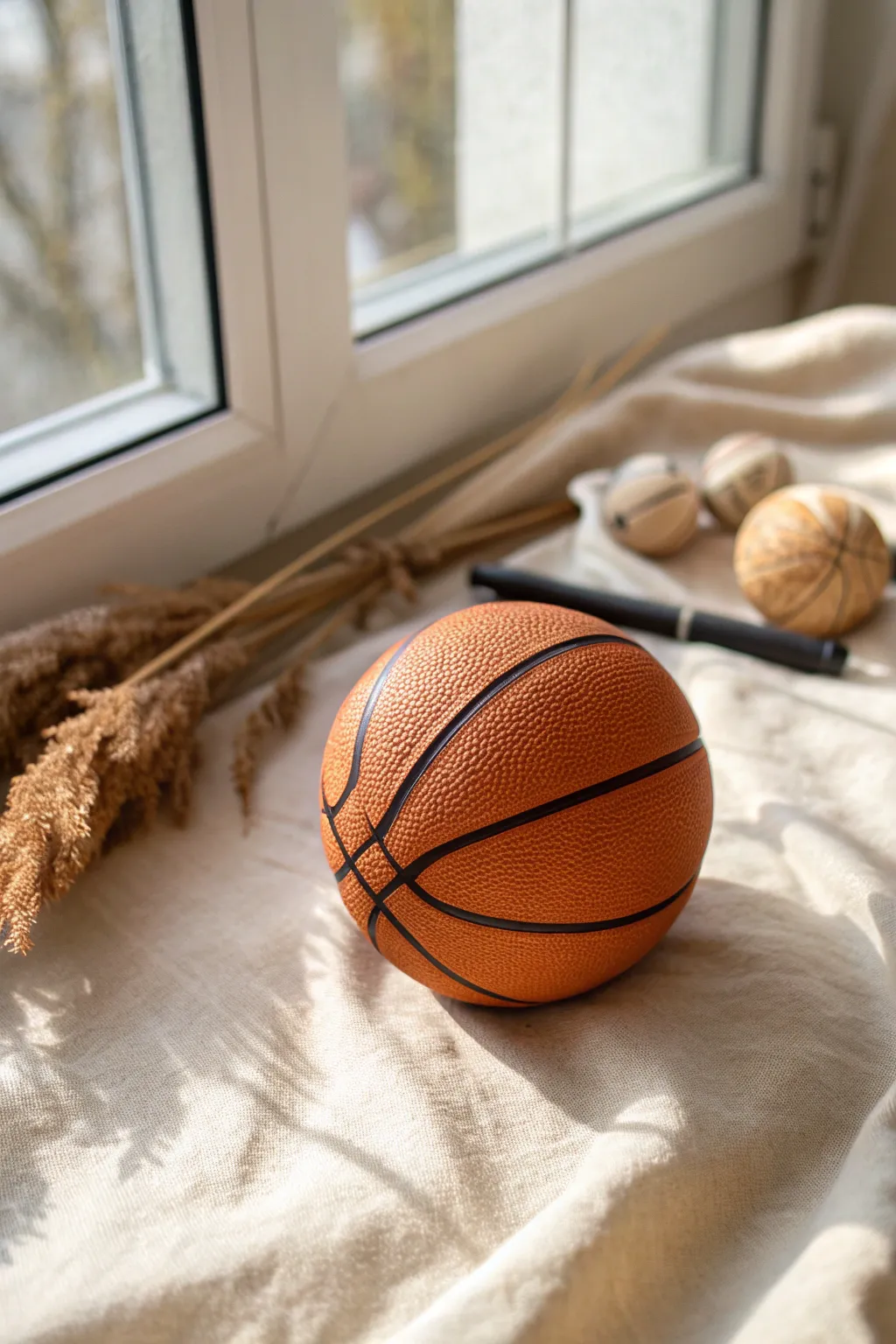 Realistic mini clay basketball with bold texture and clean black seams, perfect for minimalist decor.