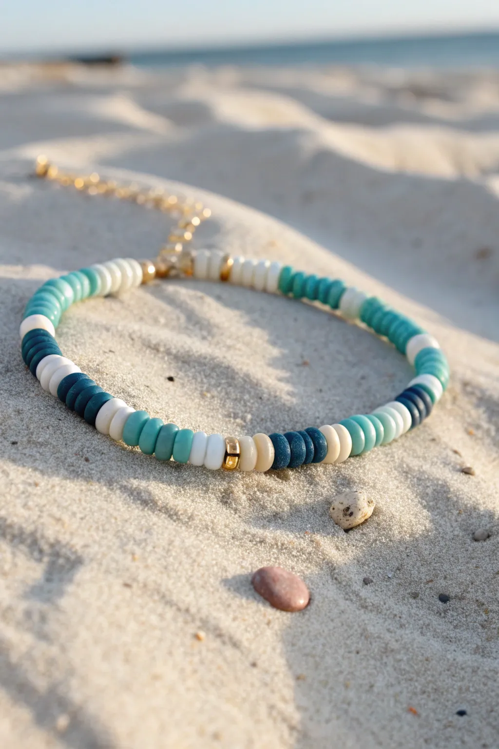 Ocean gradient heishi bracelet on sunlit sand, from navy to aqua to soft white